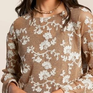 Willow & Root Tan Cropped Floral Embroidered Mesh Top, M, Boho, Coastal, Boxy